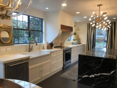 Black and gold Calacatta countertop island 